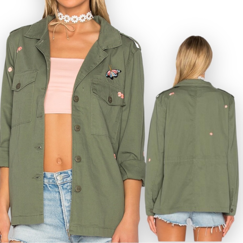 SANCTUARY Flower Field Jacket Army Green Khaki Butterfly Button Front Size Large